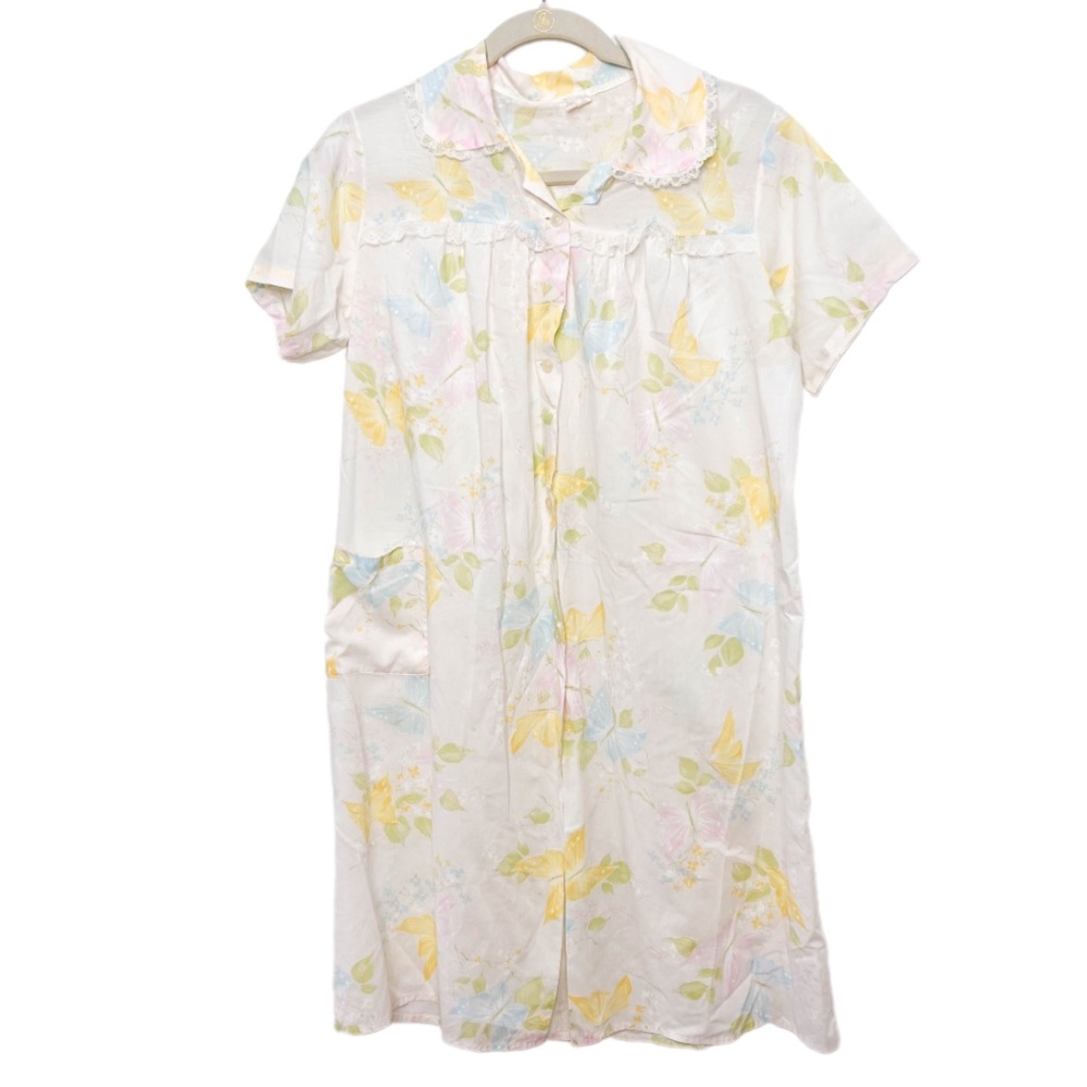 Vintage White Yellow Blue Butterflies Short Sleeves Cotton Nighty Dress